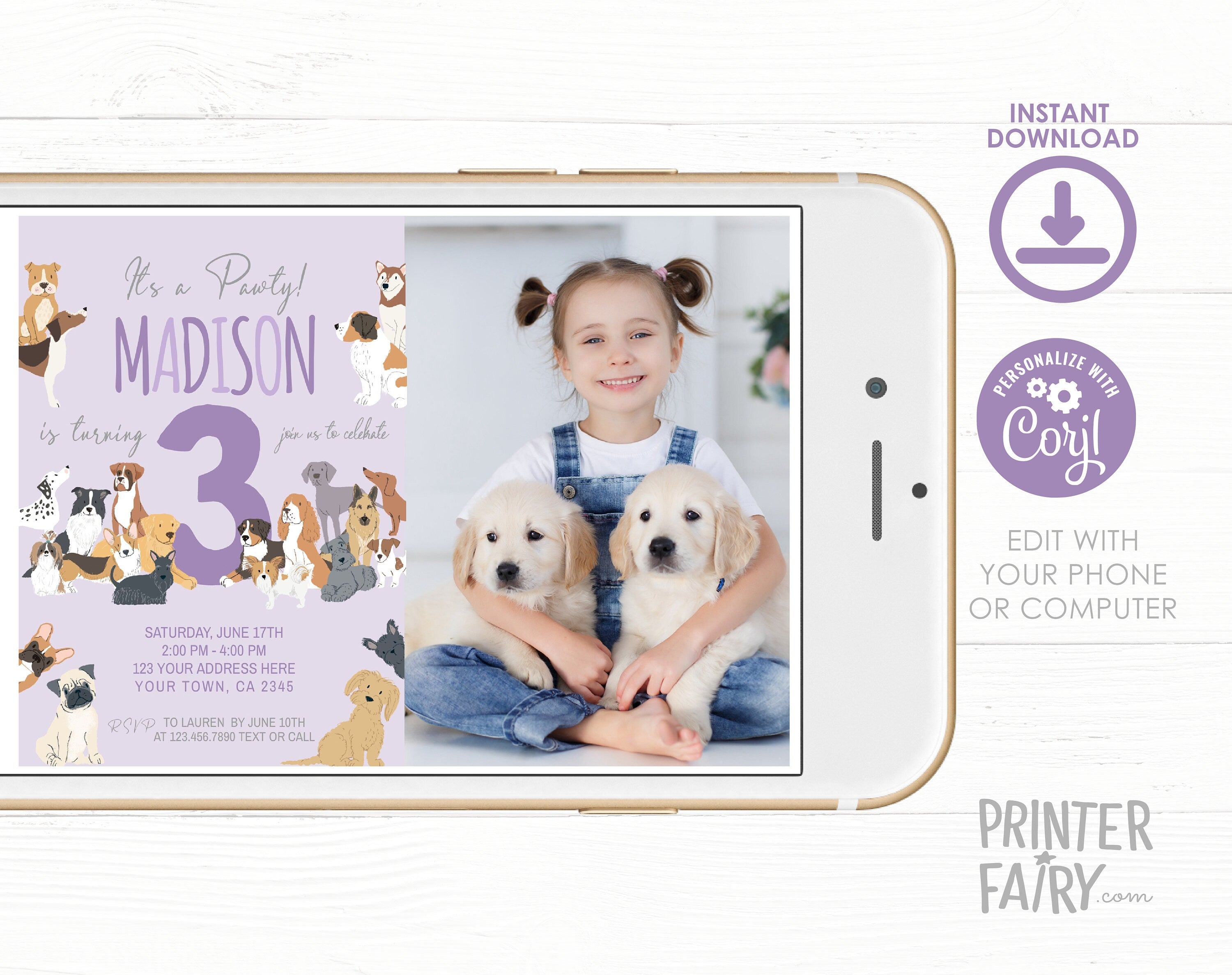 Puppy Adoption Birthday Paw-ty Invitation with Photo (Editable Digital Item)
