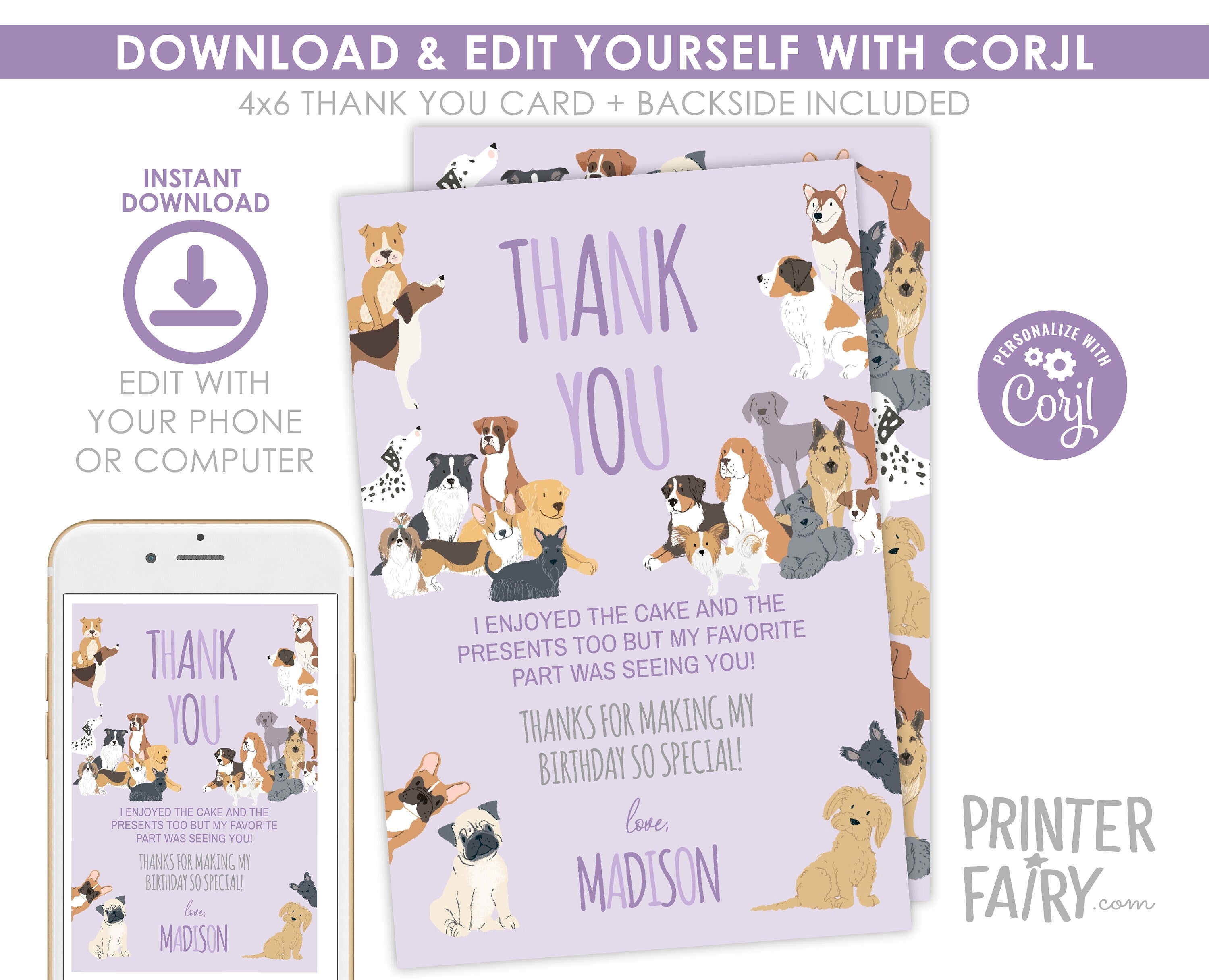 Puppy Birthday Thank You Card, Dog Adoption Party (Editable Digital Item)