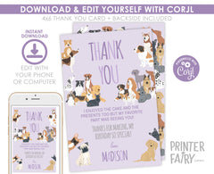 Puppy Birthday Thank You Card, Dog Adoption Party (Editable Digital Item)