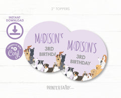 Puppy Adoption Birthday Party Toppers, Editable Round Stickers (Digital Item)
