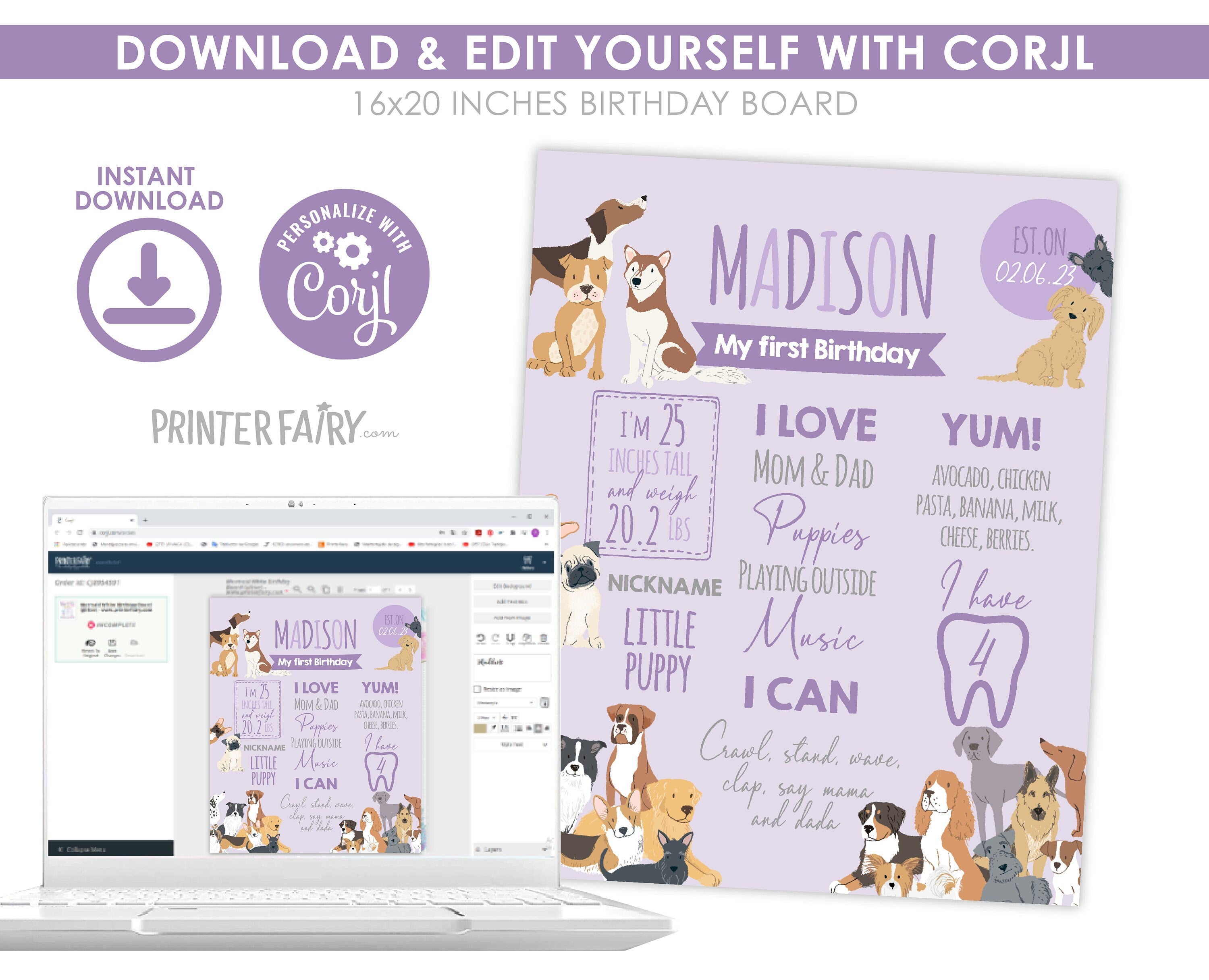 Puppy First Birthday Board, Pet Adoption Party, Editable Milestones Chart (Digital)