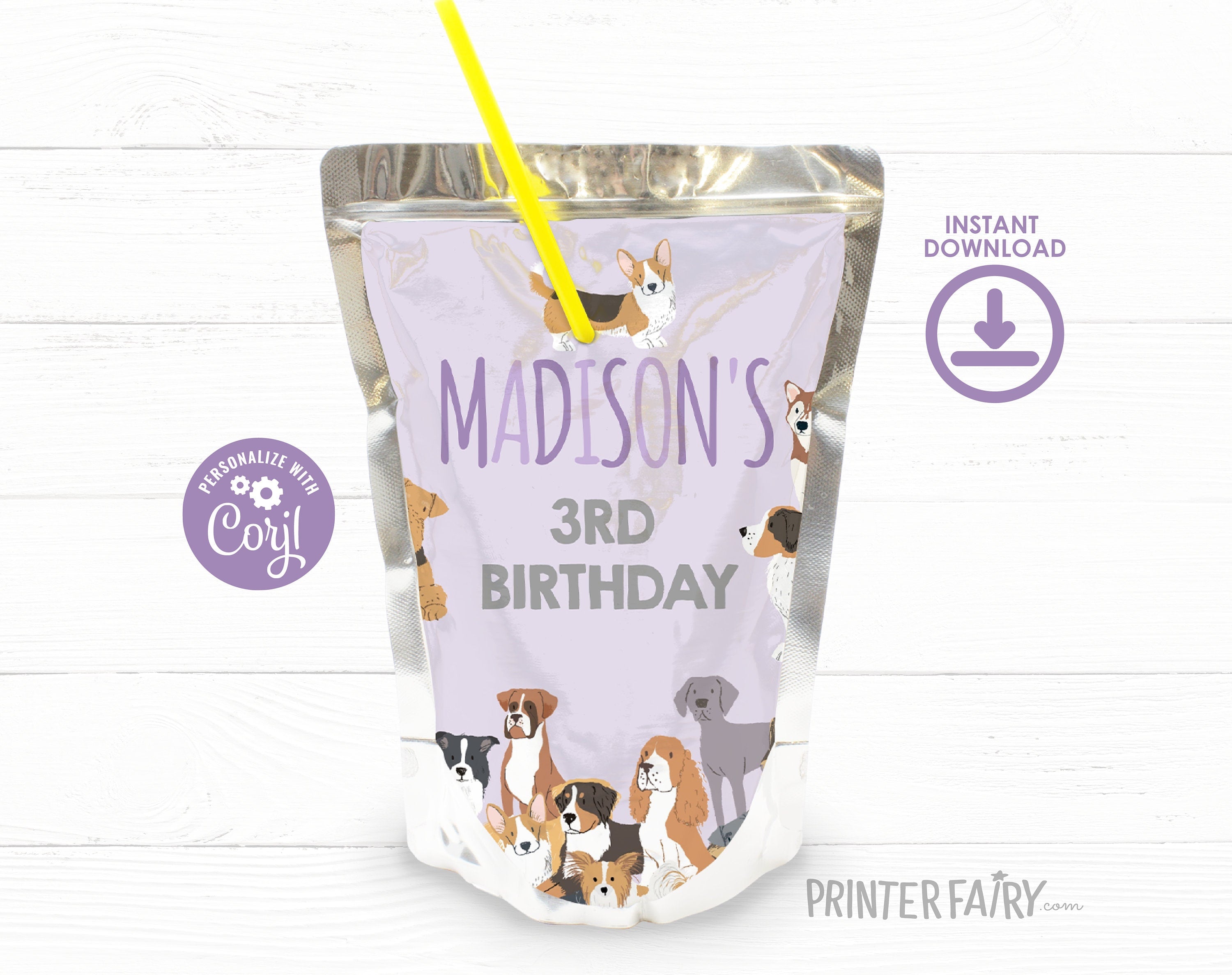Puppy Birthday Drink Pouch Label, Editable Pet Adoption Party (Digital)