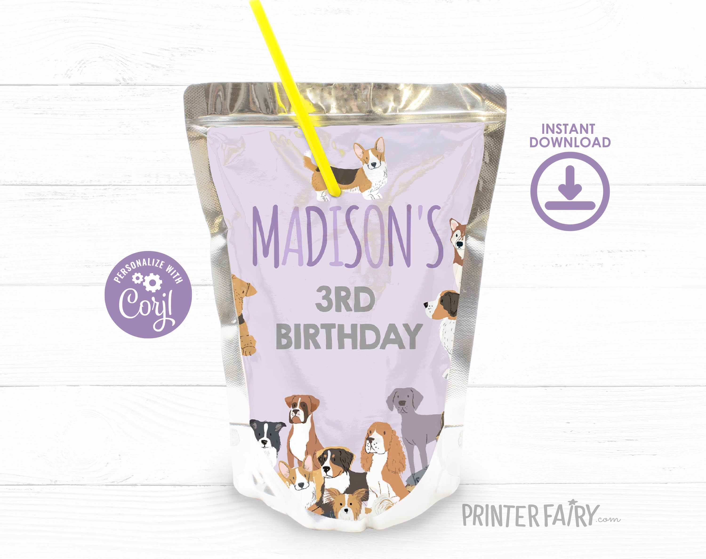 Puppy Birthday Drink Pouch Label, Editable Pet Adoption Party (Digital)
