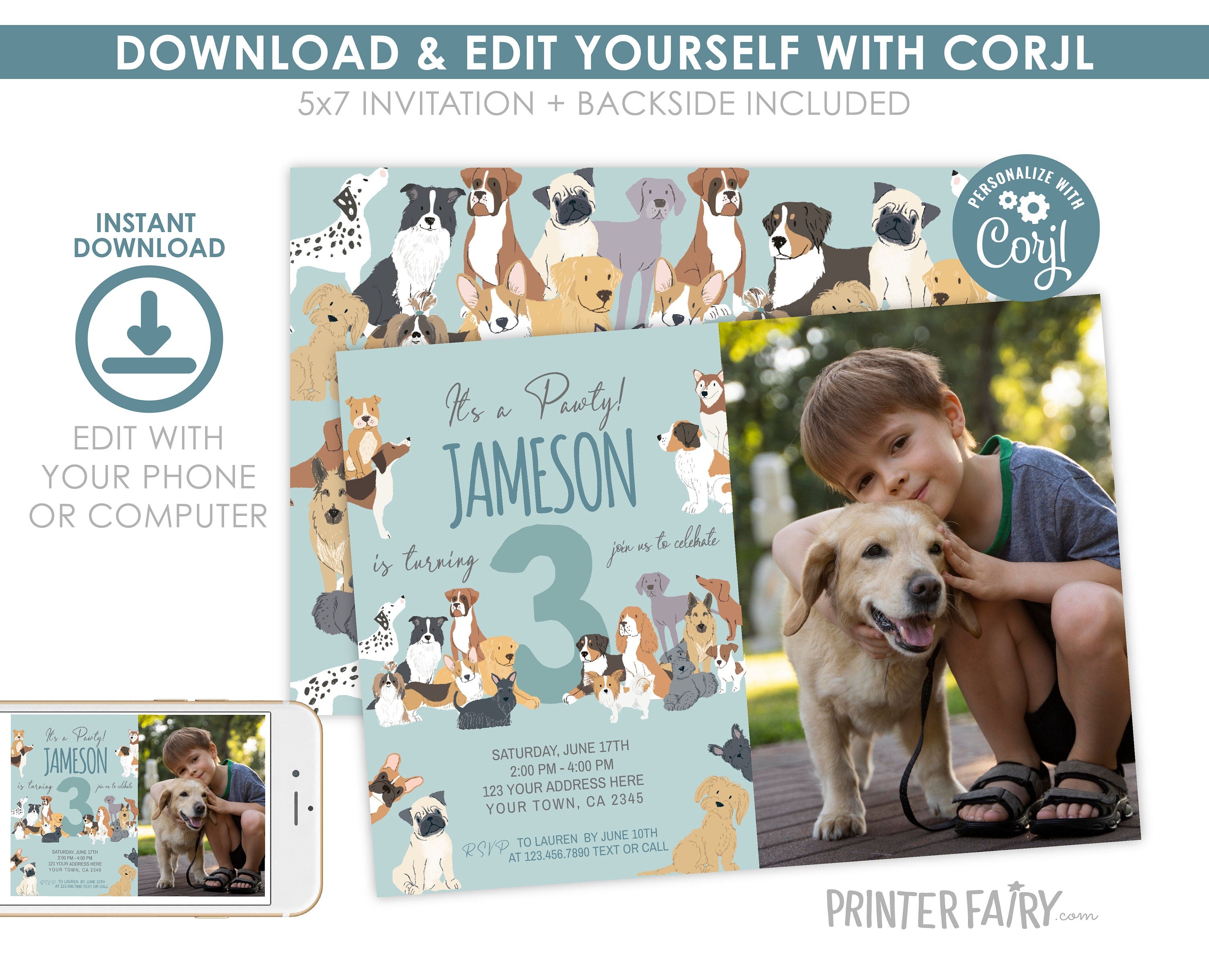 Puppy Adoption Birthday Party Invitation, Photo, Editable (Digital)