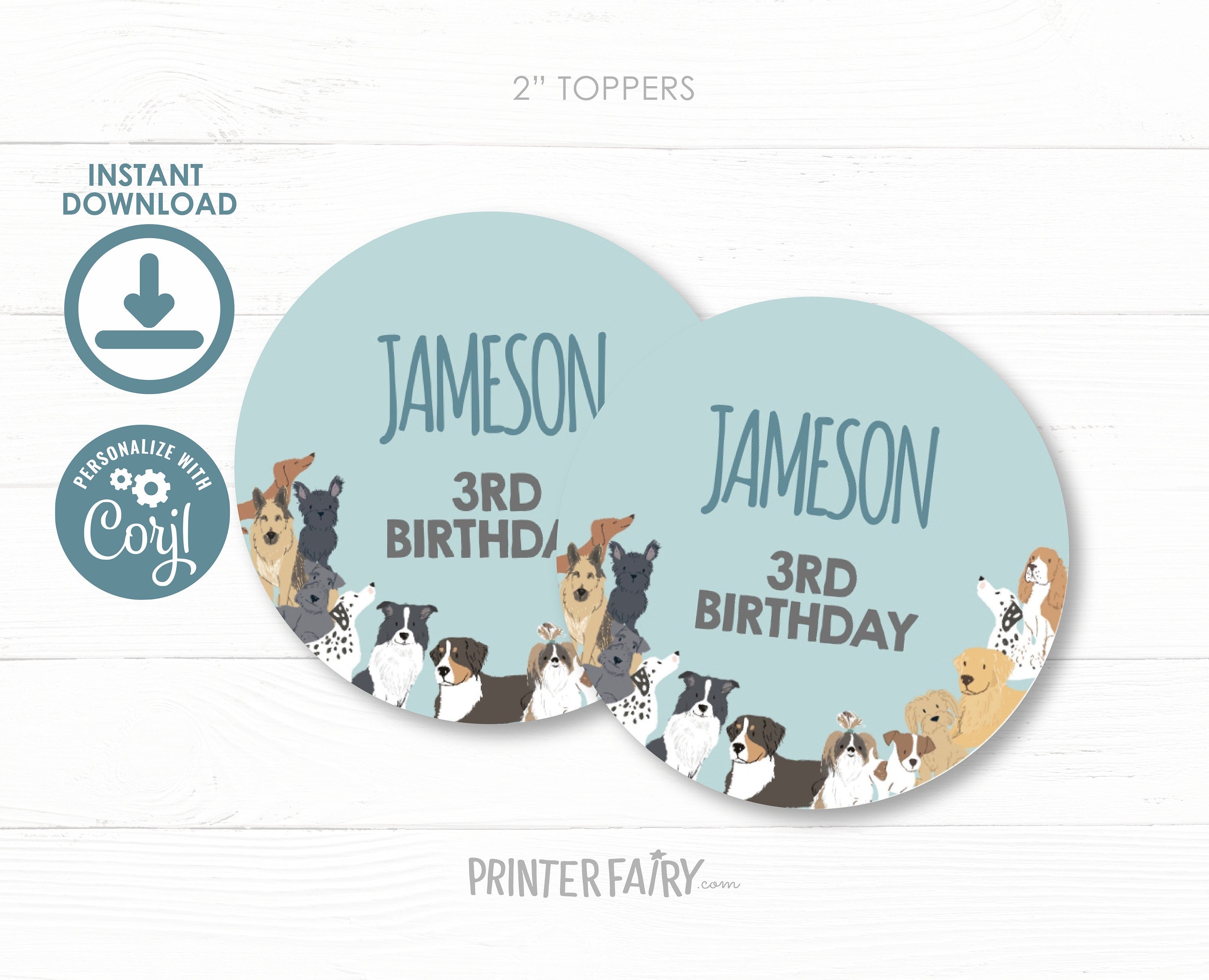 Puppy Adoption Birthday Party Toppers, Editable Dog Stickers (Digital Item)