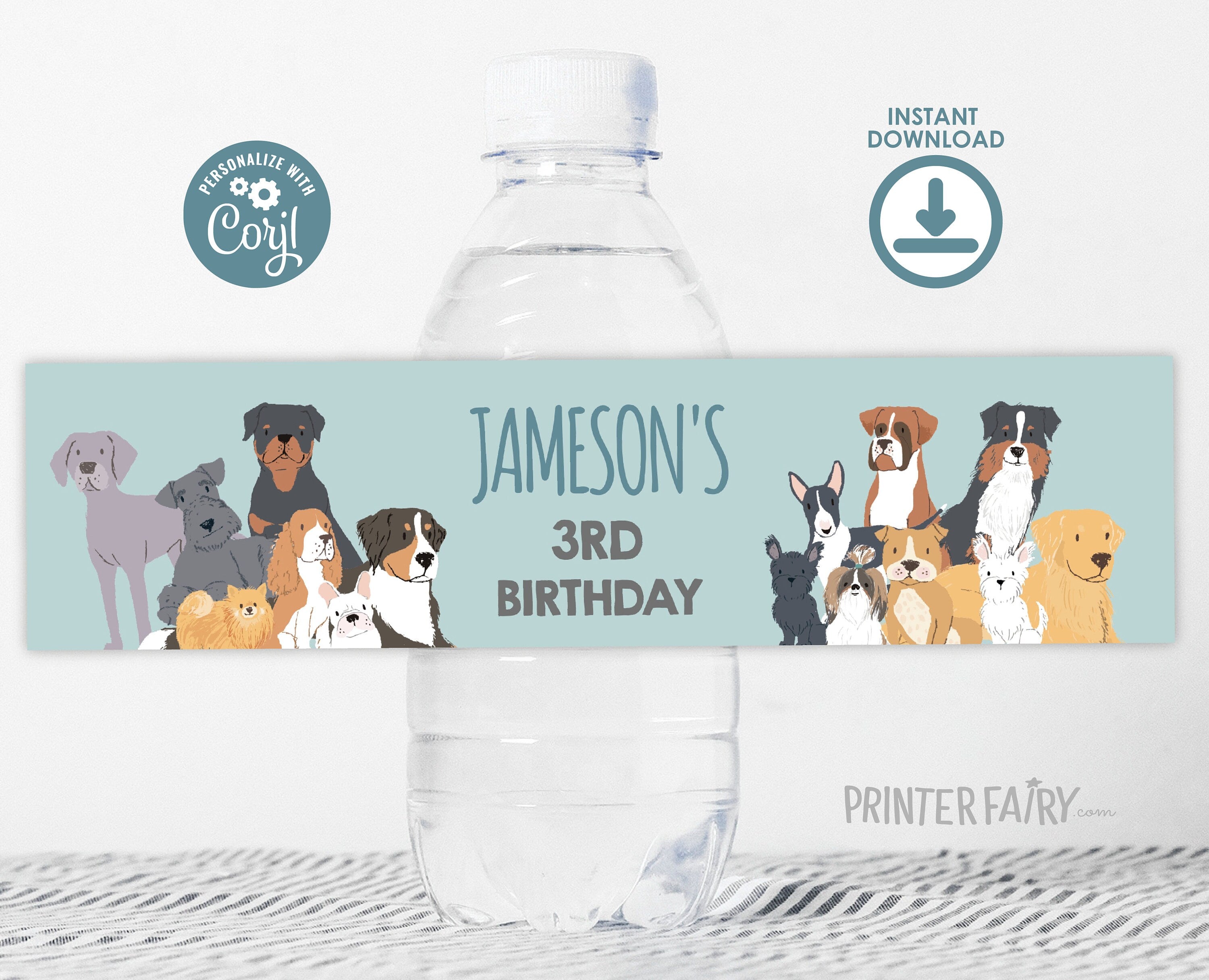 Puppy Birthday Water Bottle Label, Editable Pet Adoption Party (Digital Item)