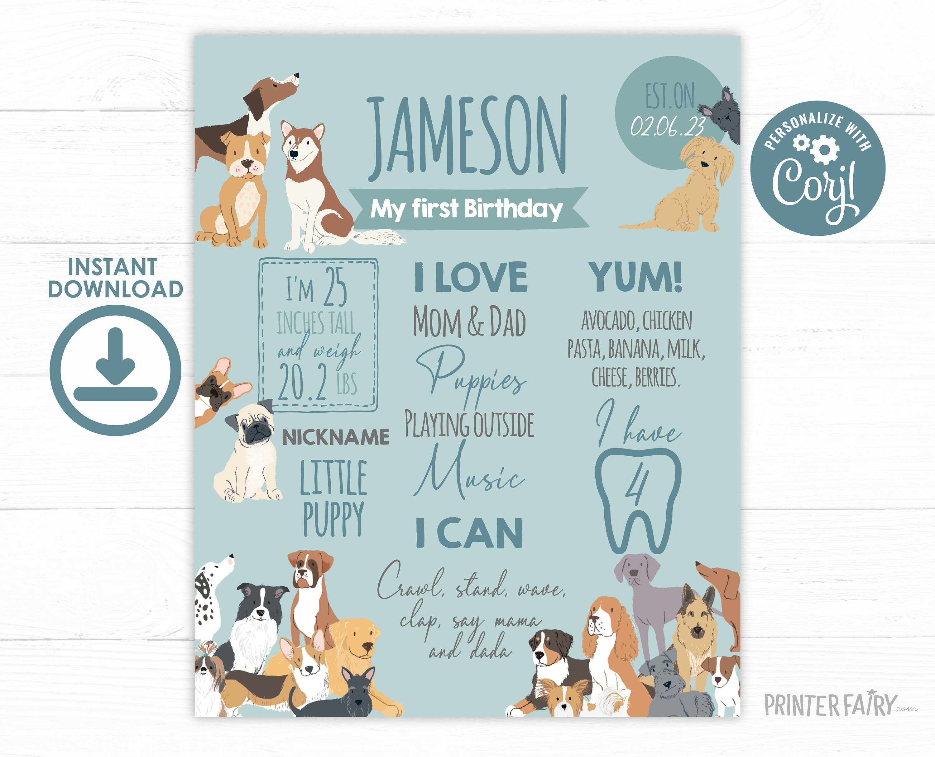Puppy First Birthday Board, Adoption Party Milestones (Digital)