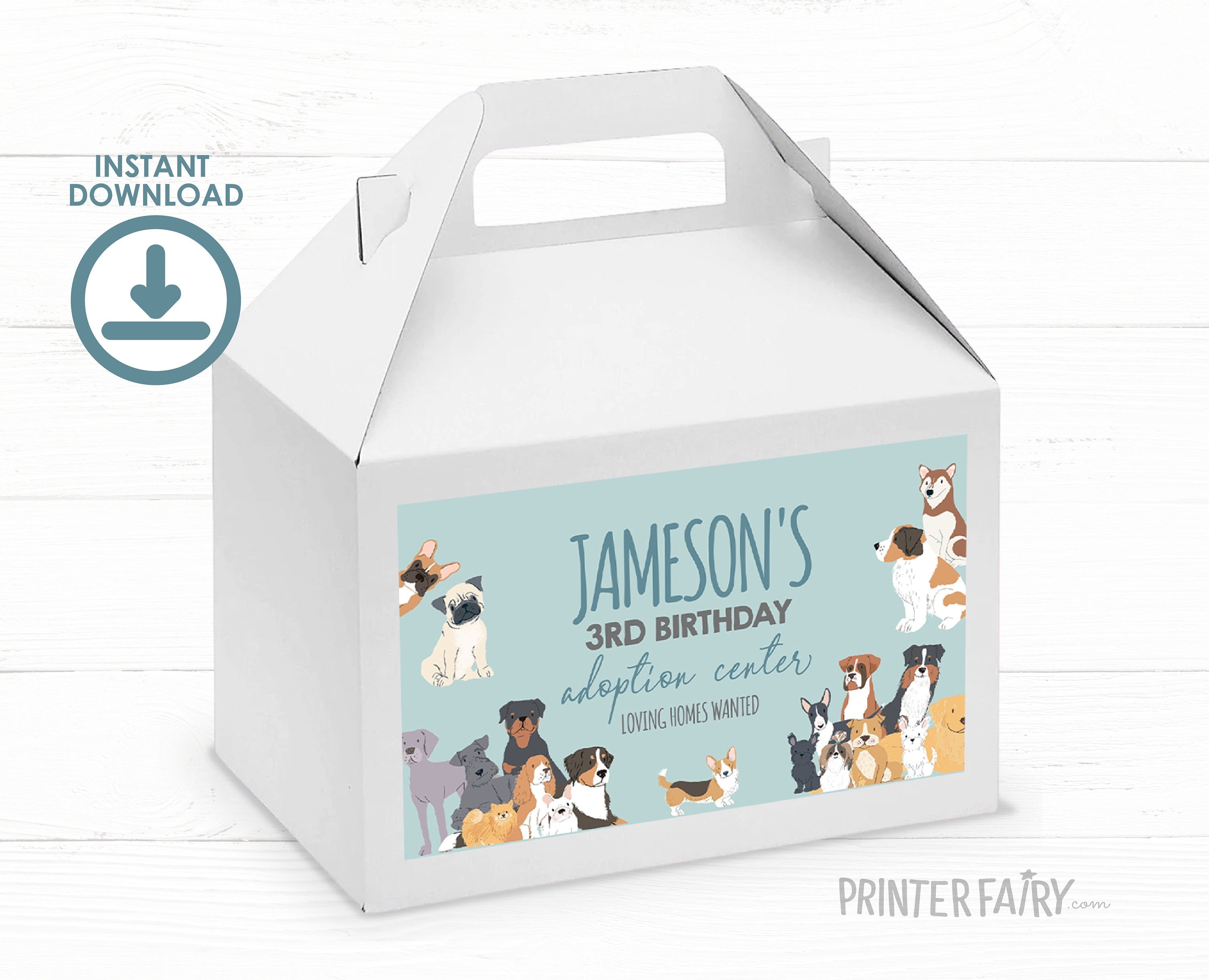 Puppy Adoption Pawty Gable Box Label, Editable Favor Box (Digital Item)