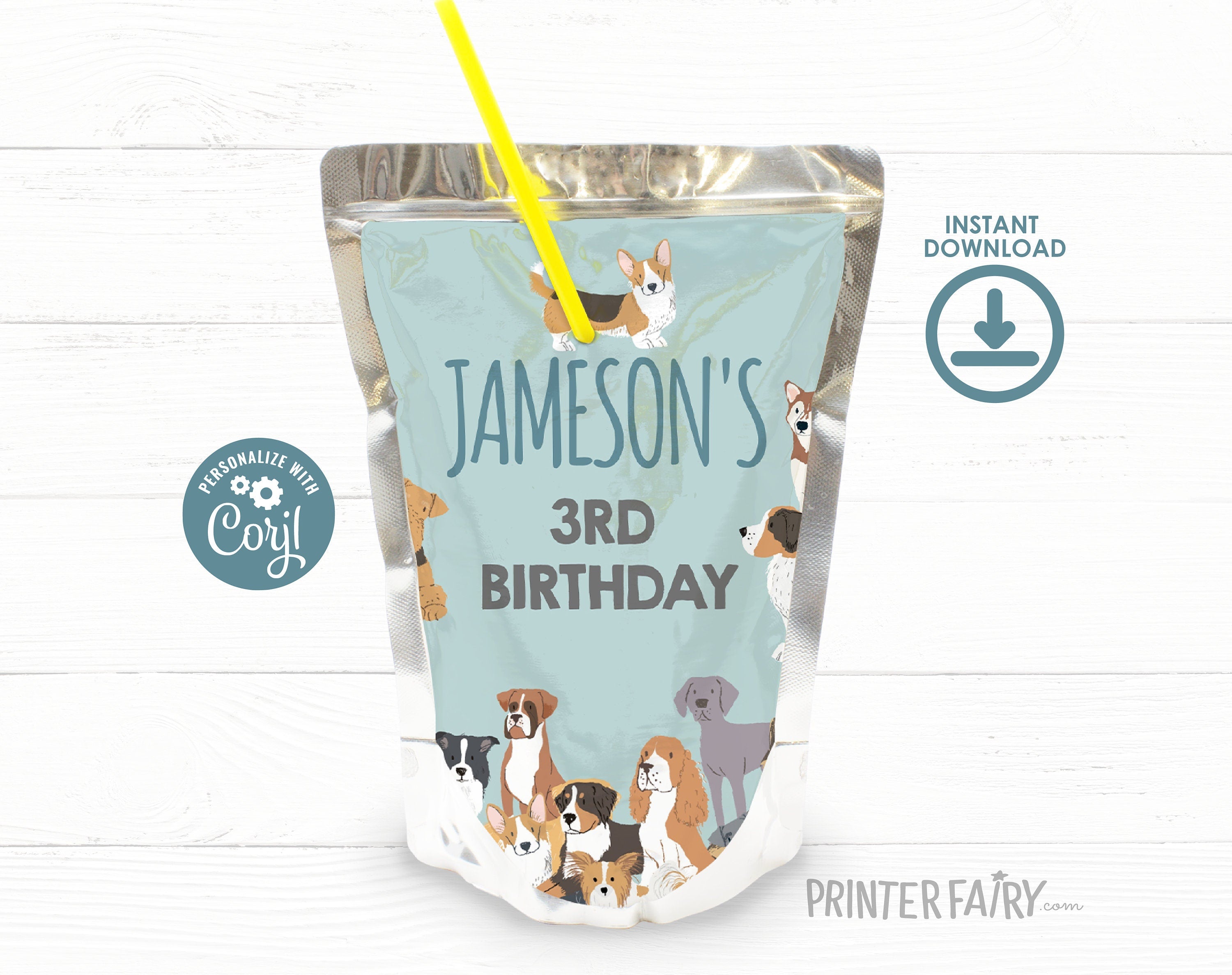 Puppy Adoption Birthday Drink Pouch Label, Editable Pet Party (Digital Item)