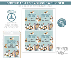 Puppy Adoption Birthday Drink Pouch Label, Editable Pet Party (Digital Item)