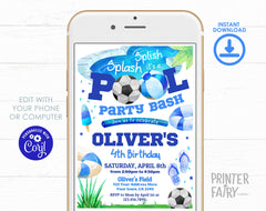 Soccer Pool Birthday Party Invitation, Summer Kids (Digital Editable)