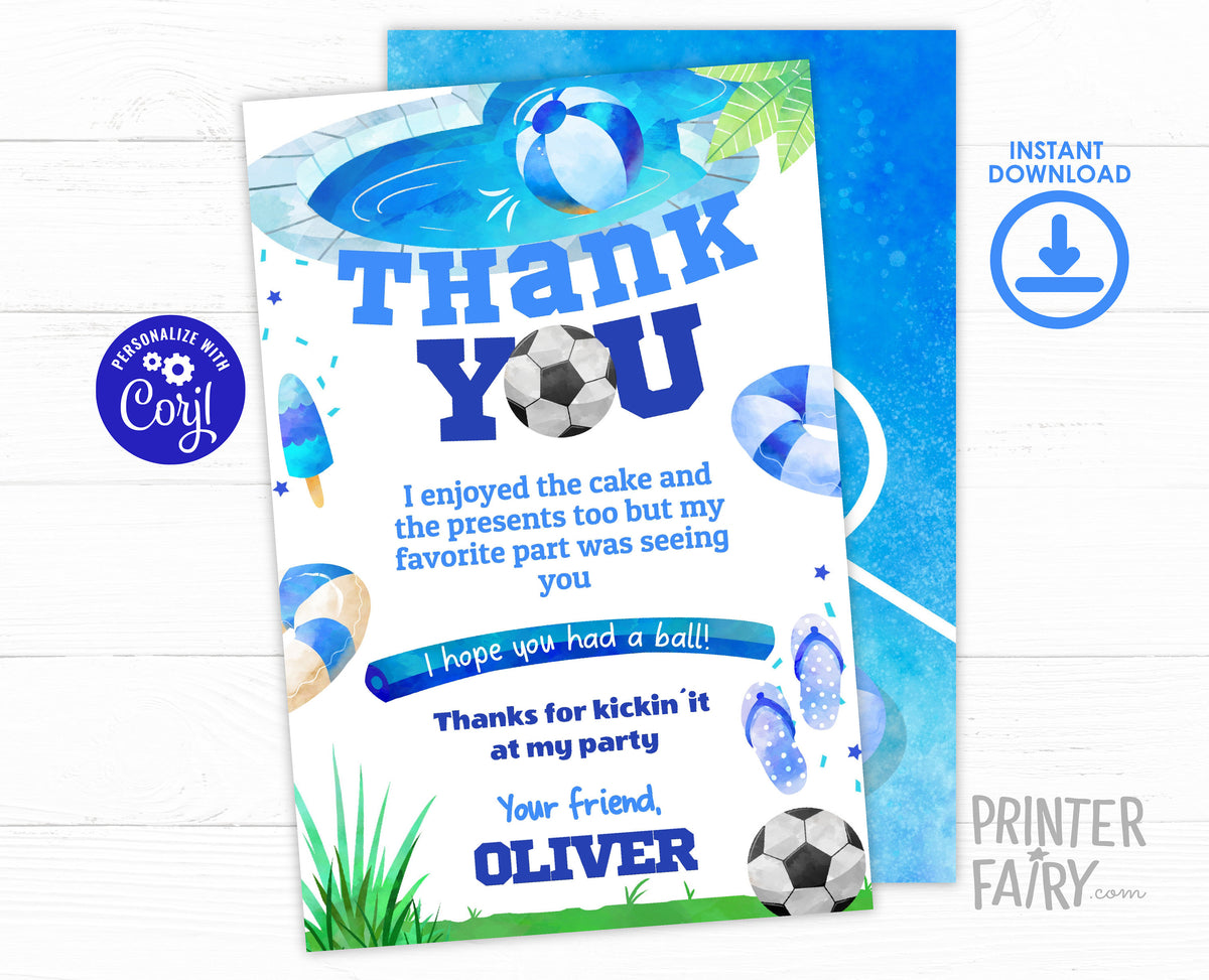 Soccer Pool Party Thank You Card, Kids Birthday (Digital Editable)