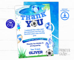 Soccer Pool Party Thank You Card, Kids Birthday (Digital Editable)