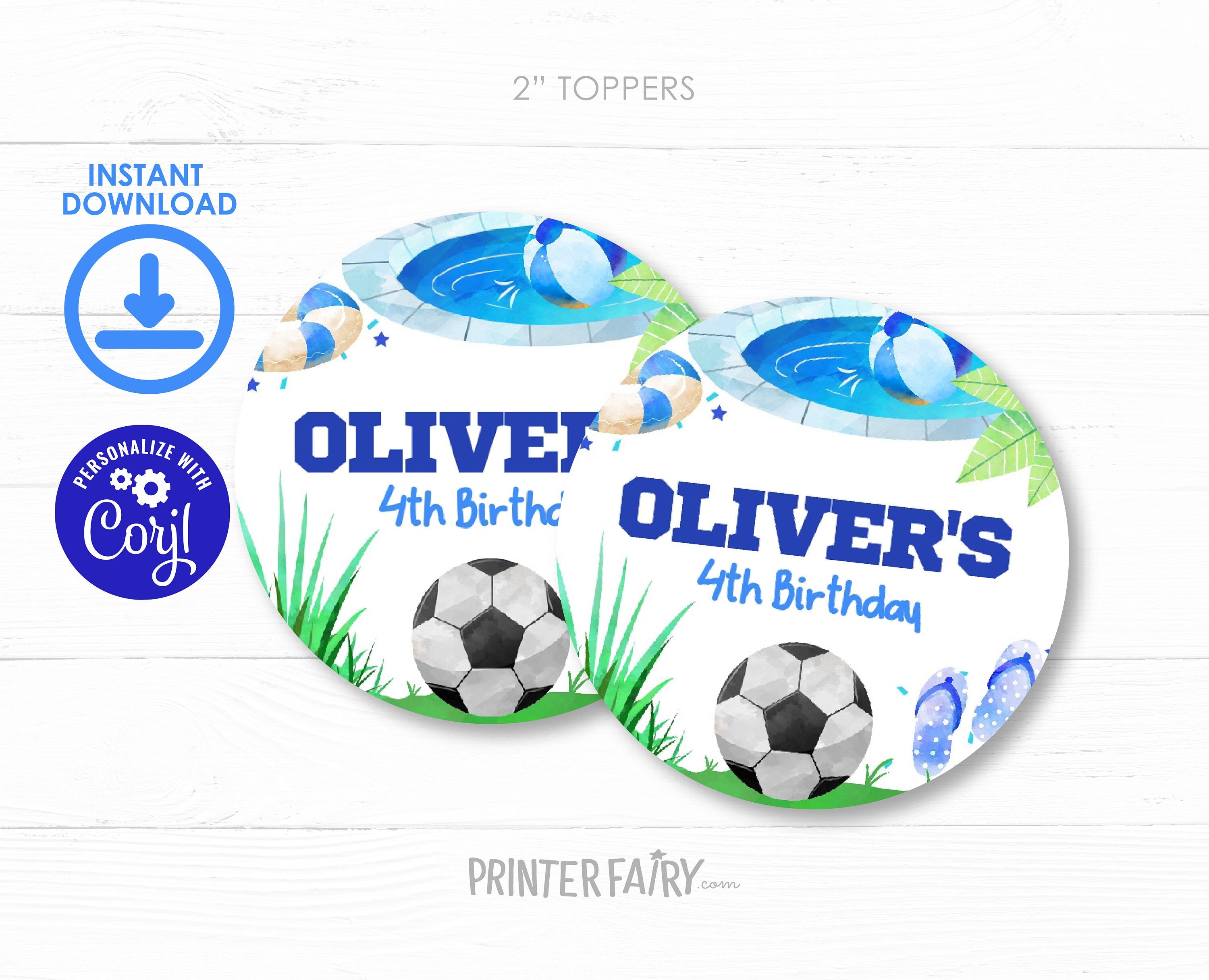 Soccer Pool Party Toppers, Editable Kids Birthday Labels (Digital)