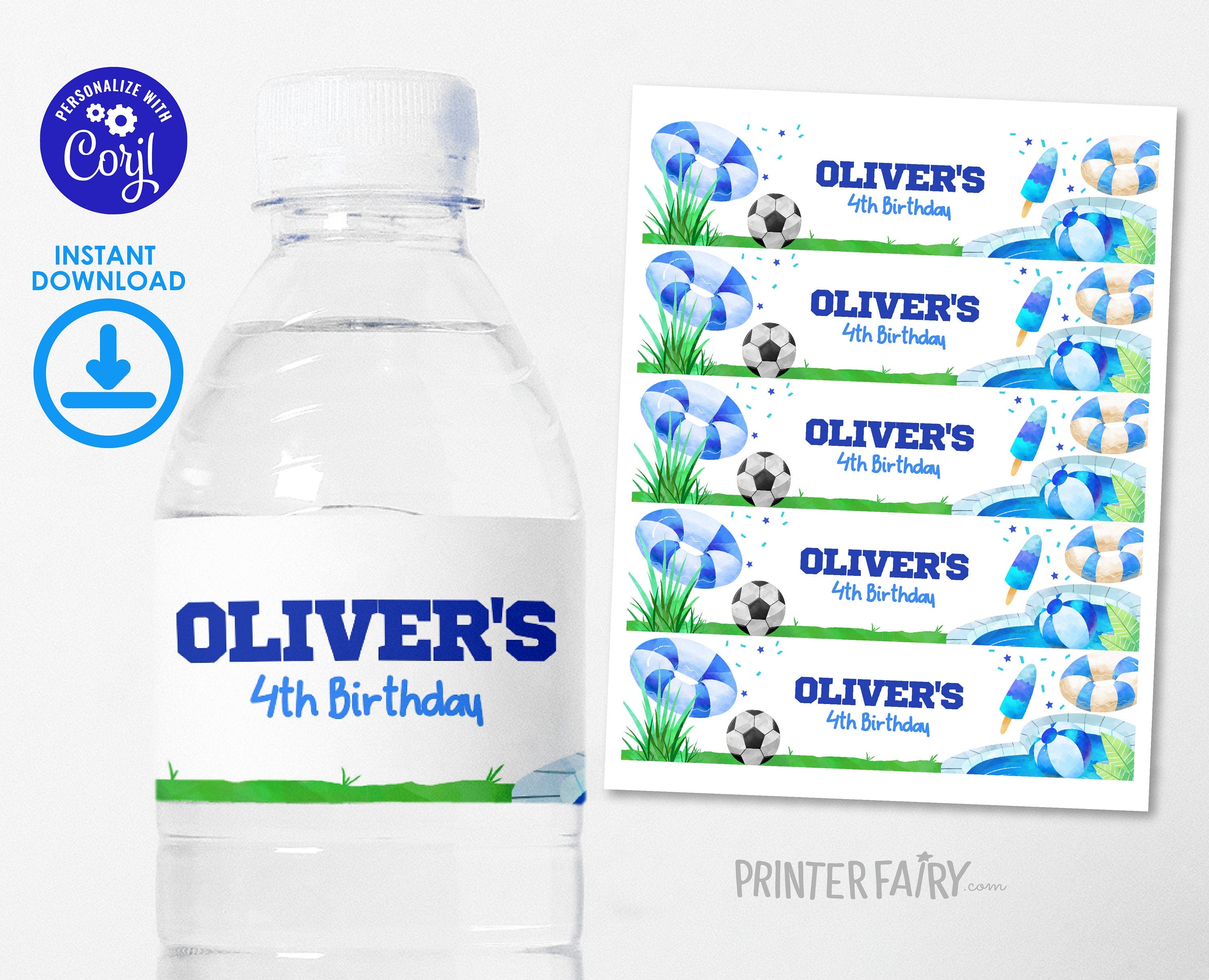 Soccer Pool Party Water Bottle Label, Editable Birthday (Digital)