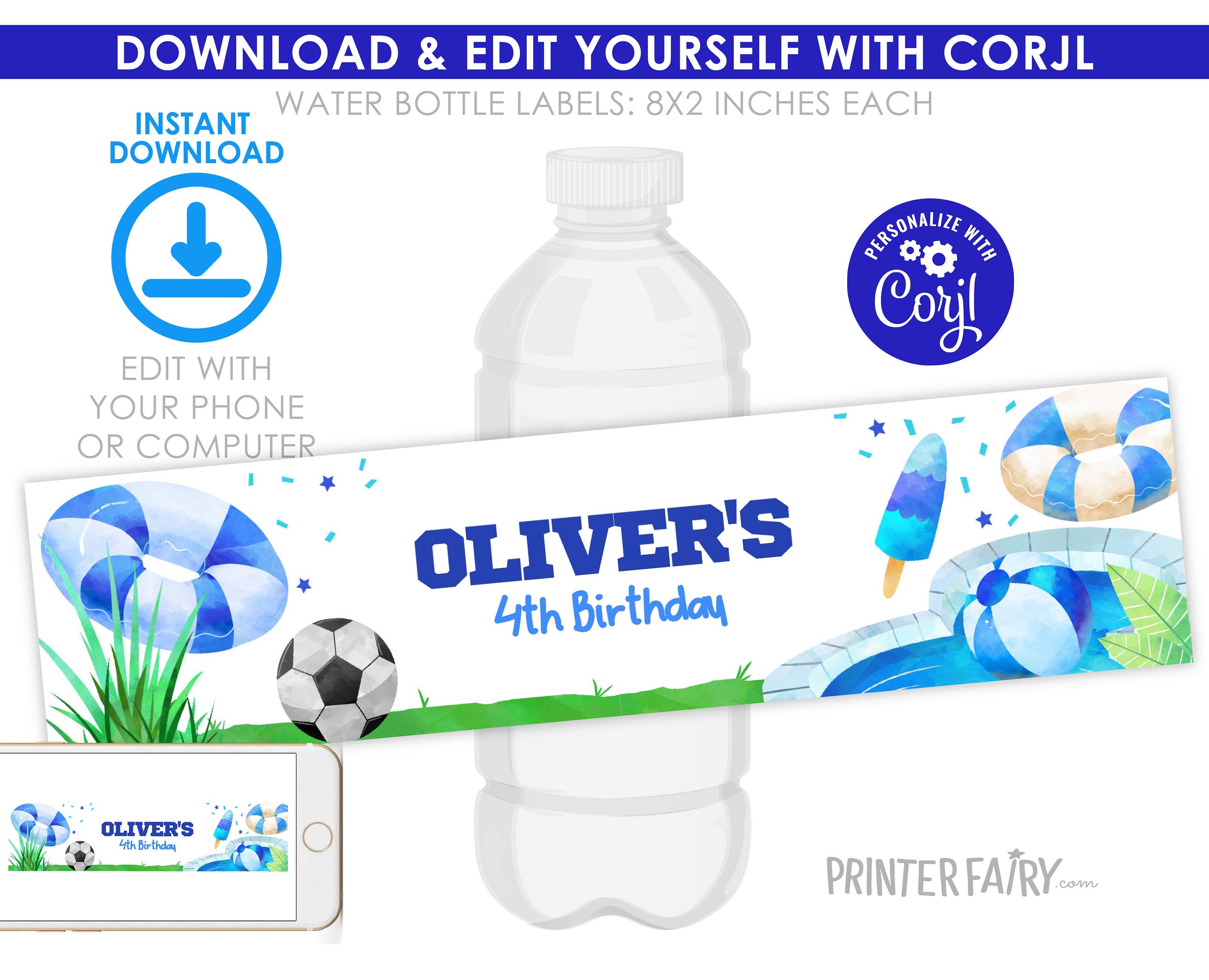 Soccer Pool Party Water Bottle Label, Editable Birthday (Digital)