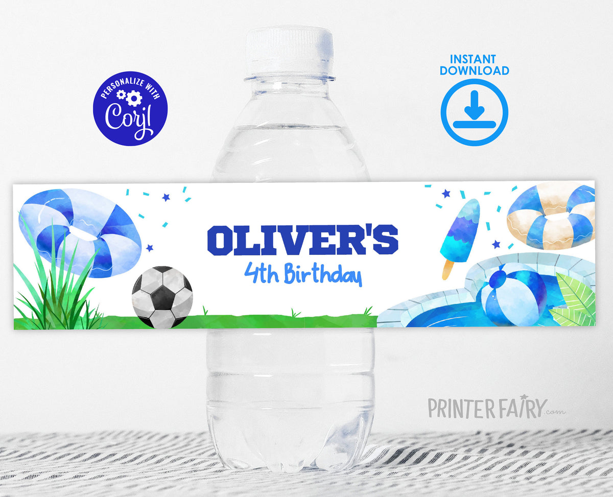 Soccer Pool Party Water Bottle Label, Editable Birthday (Digital)