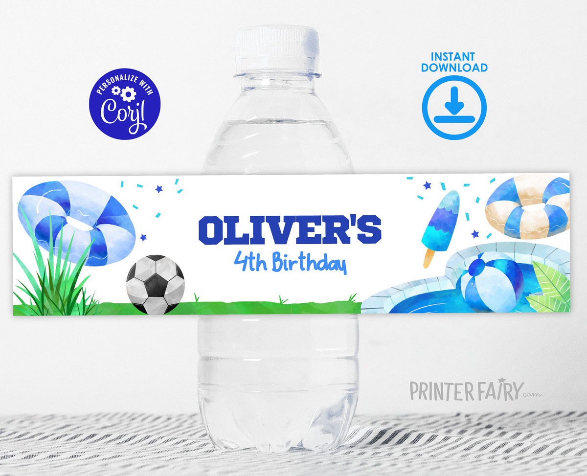 Soccer Pool Party Water Bottle Label, Editable Birthday (Digital)
