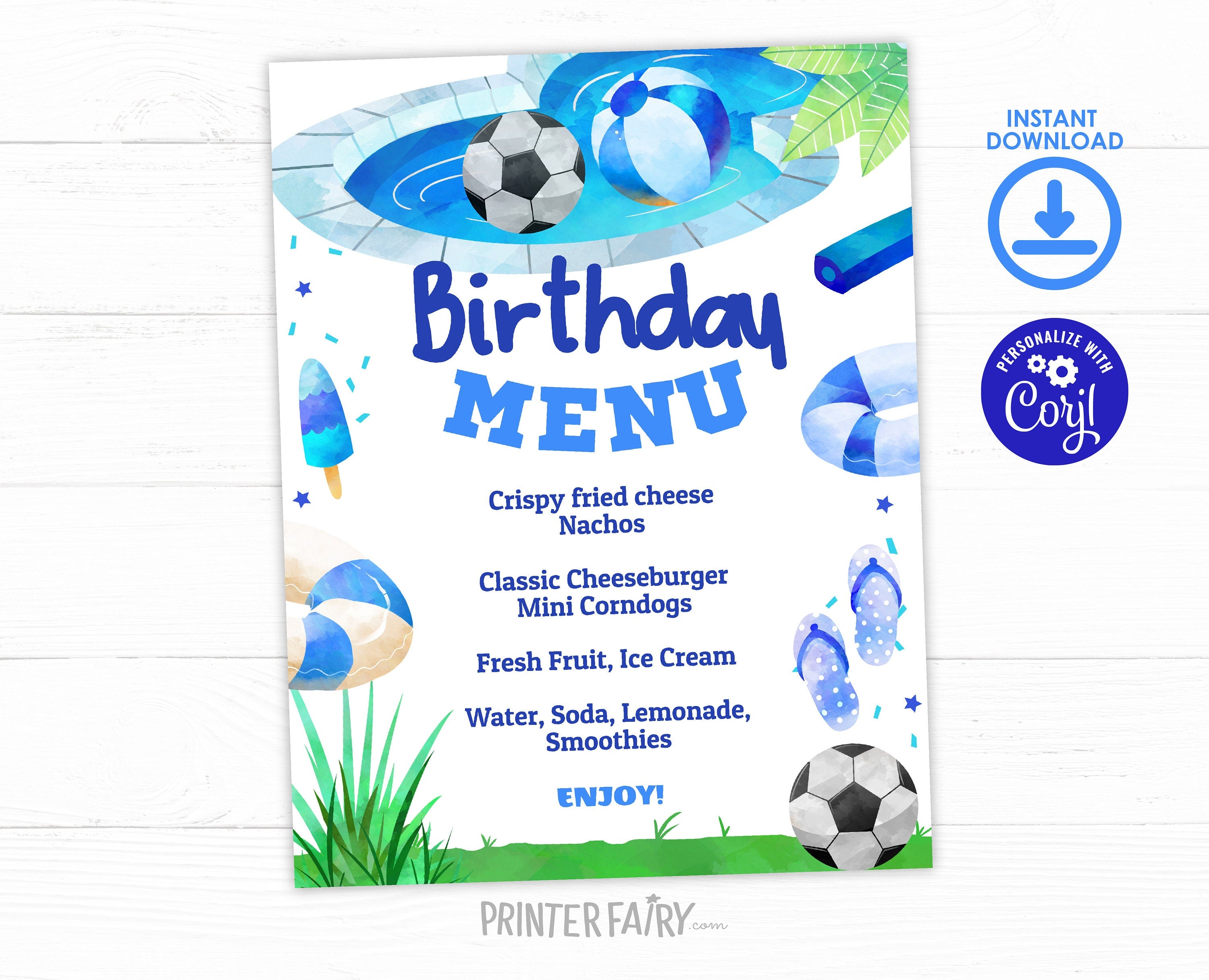 Pool & Soccer Birthday Party Menu, Editable Food Sign (Digital)