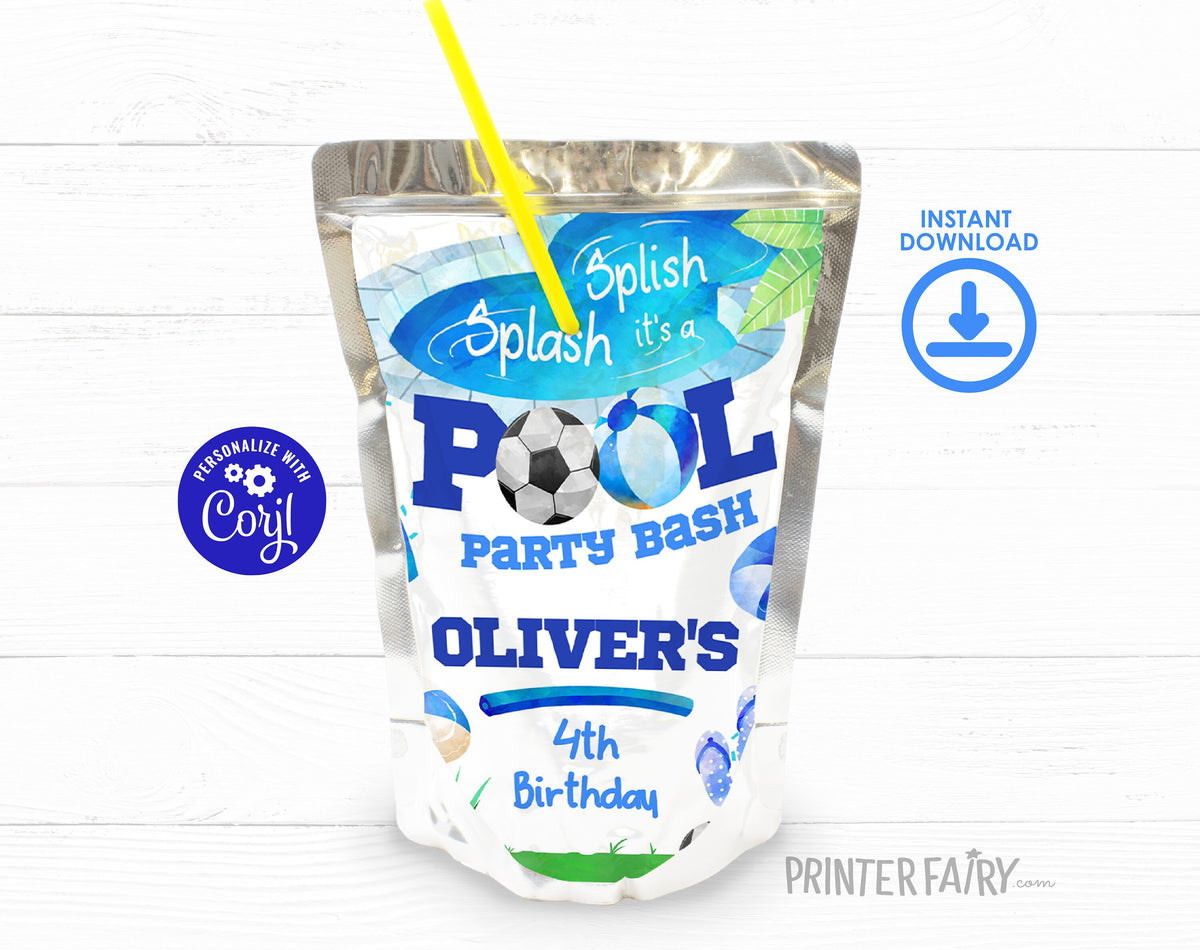 Soccer Pool Party Drink Pouch Label, Editable Birthday (Digital)