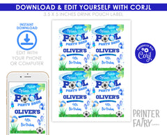 Soccer Pool Party Drink Pouch Label, Editable Birthday (Digital)
