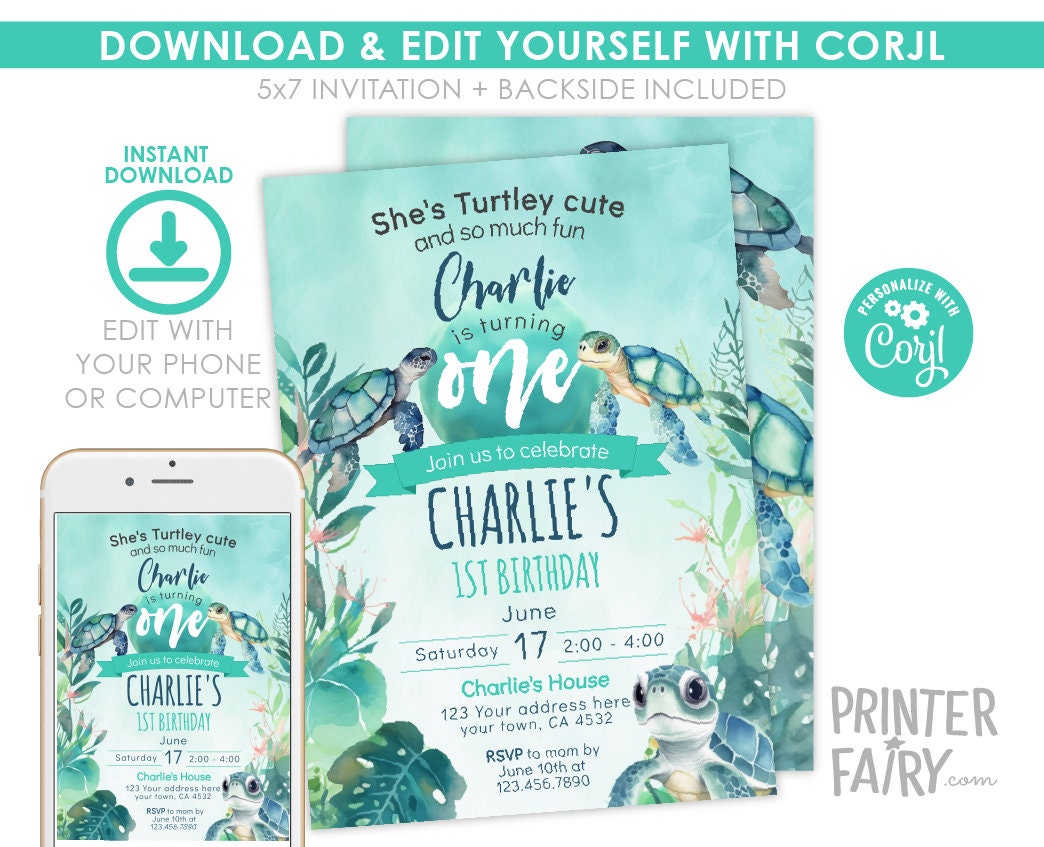 Sea Turtle 1st Birthday Invitation, Under The Sea Party (Editable Digital Template)