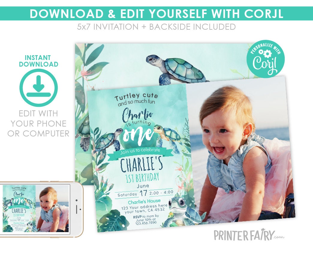 Sea Turtle 1st Birthday Invitation, Photo, Under The Sea (Editable)