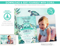 Sea Turtle 1st Birthday Invitation, Photo, Under The Sea (Editable)