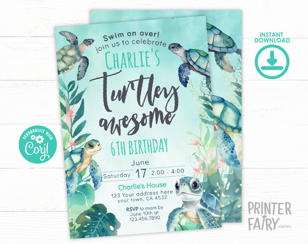 Sea Turtle Birthday Invitation, Under the Sea Party (Editable Digital Download)