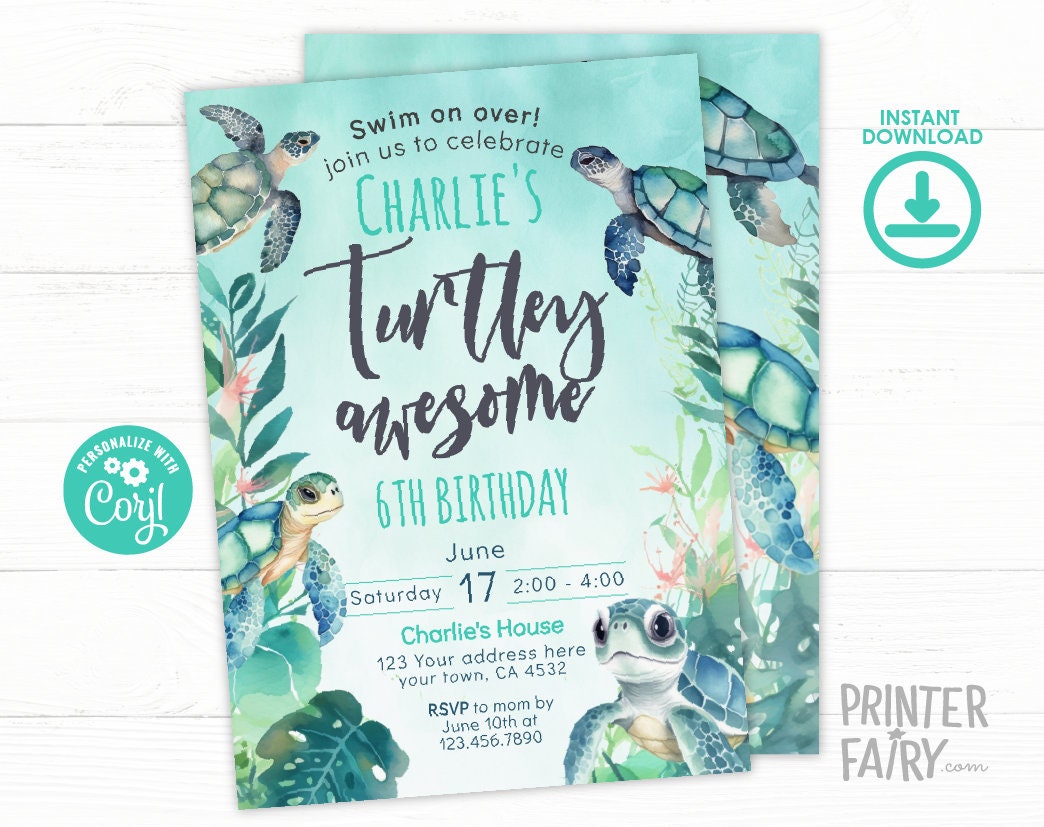 Sea Turtle Birthday Invitation, Under the Sea Party (Editable Digital Download)