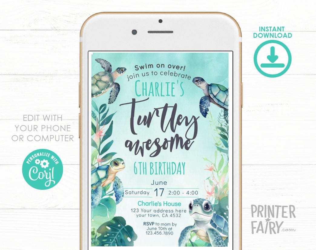 Sea Turtle Birthday Invitation, Under the Sea Party (Editable Digital Download)