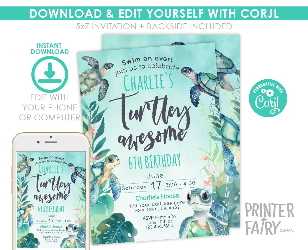 Sea Turtle Birthday Invitation, Under the Sea Party (Editable Digital Download)