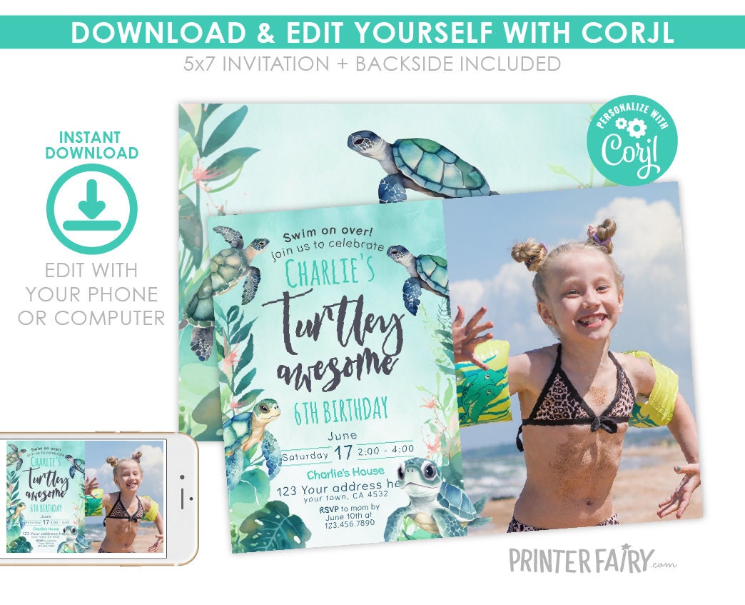 Sea Turtle Birthday Invitation, Under The Sea Party (Editable Digital Template)