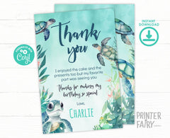 Sea Turtle Birthday Thank You Card, Editable Under The Sea Party (Instant Download)