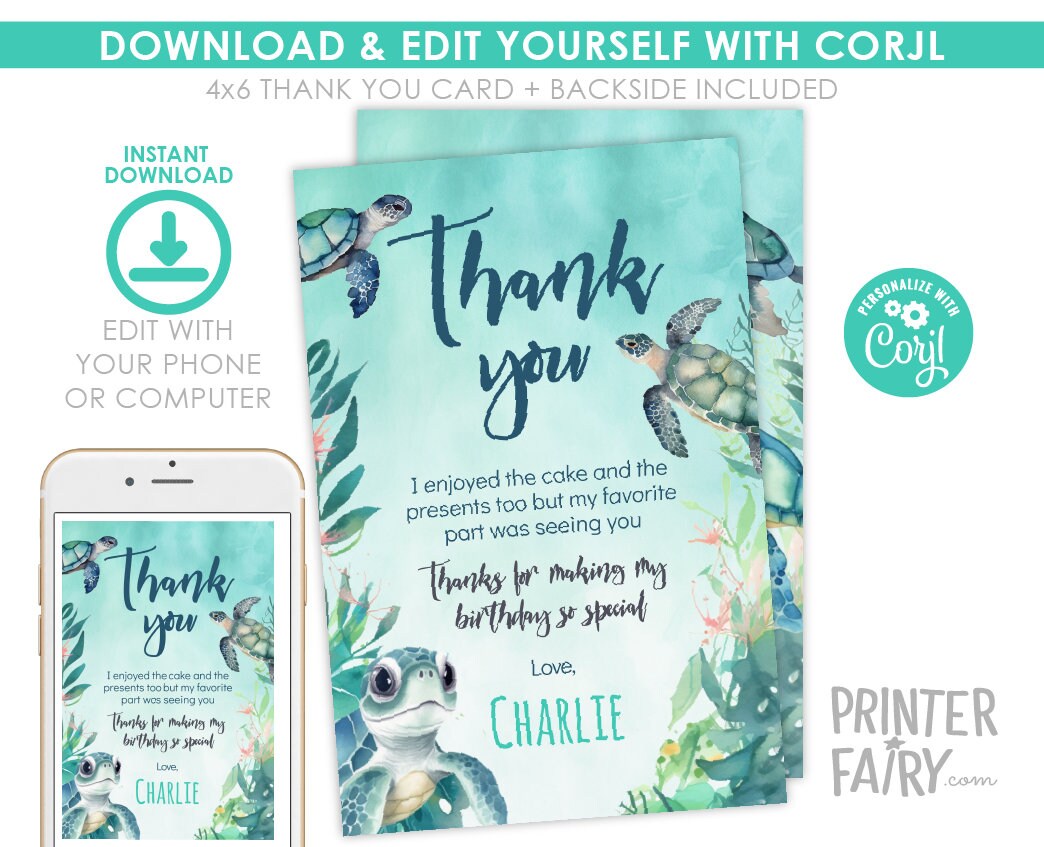 Sea Turtle Birthday Thank You Card, Editable Under The Sea Party (Instant Download)
