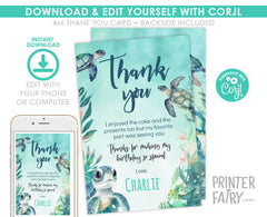 Sea Turtle Birthday Thank You Card, Editable Under The Sea Party (Instant Download)