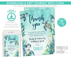 Sea Turtle Birthday Thank You Card, Editable Under The Sea Party (Instant Download)