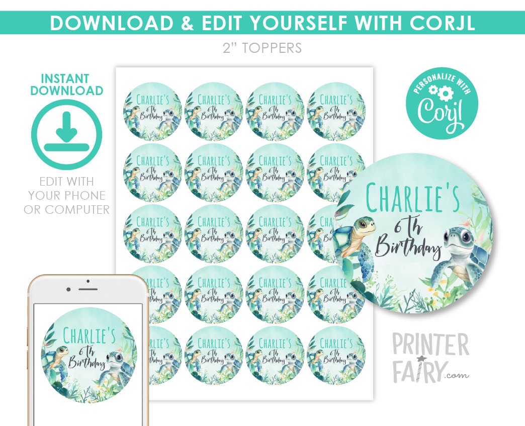 Sea Turtle Birthday Toppers, Under The Sea Party (Editable Digital Download)