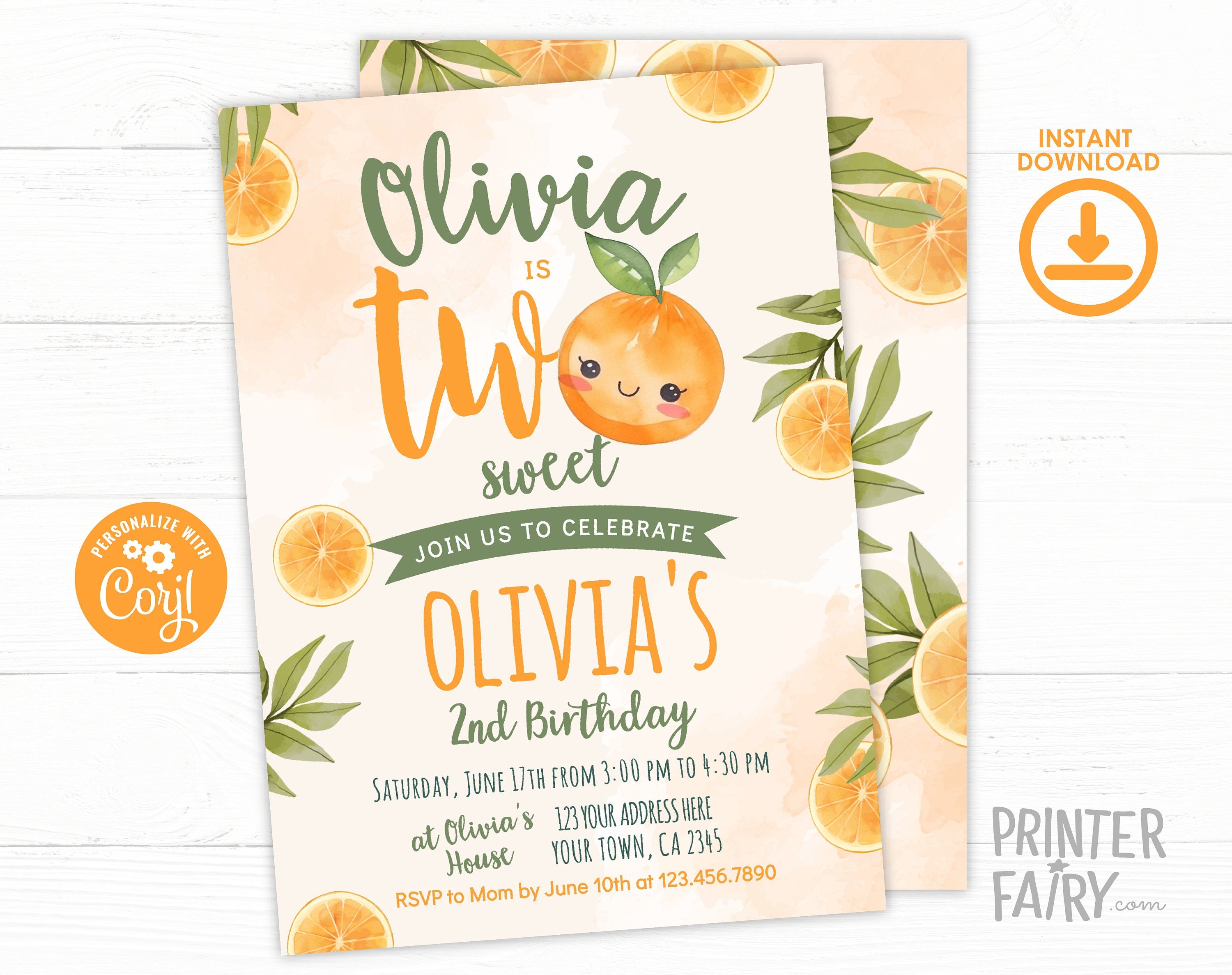 Sweet Orange 2nd Birthday Invitation, Summer Party Invite Template (Digital Download)