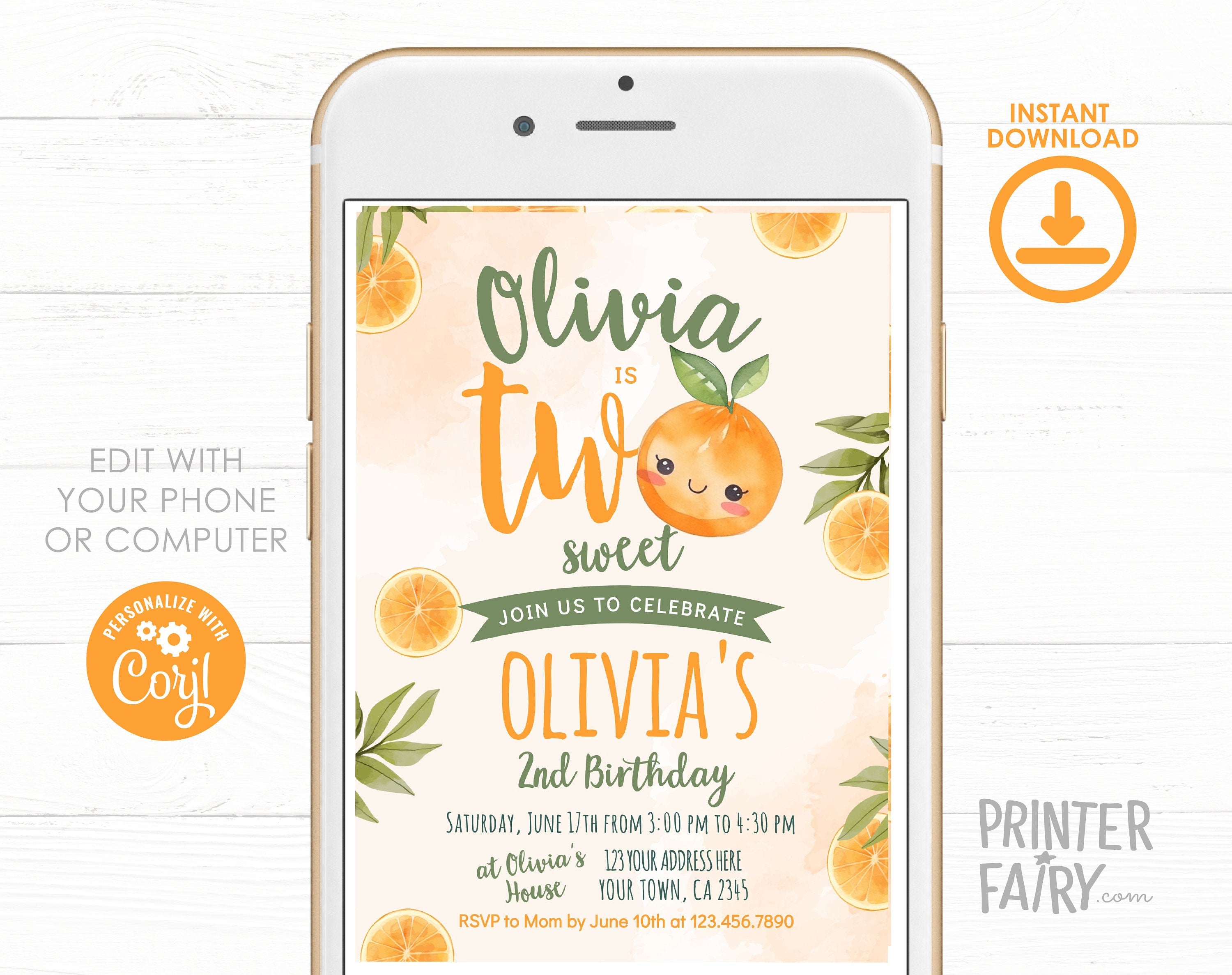 Sweet Orange 2nd Birthday Invitation, Summer Party Invite Template (Digital Download)