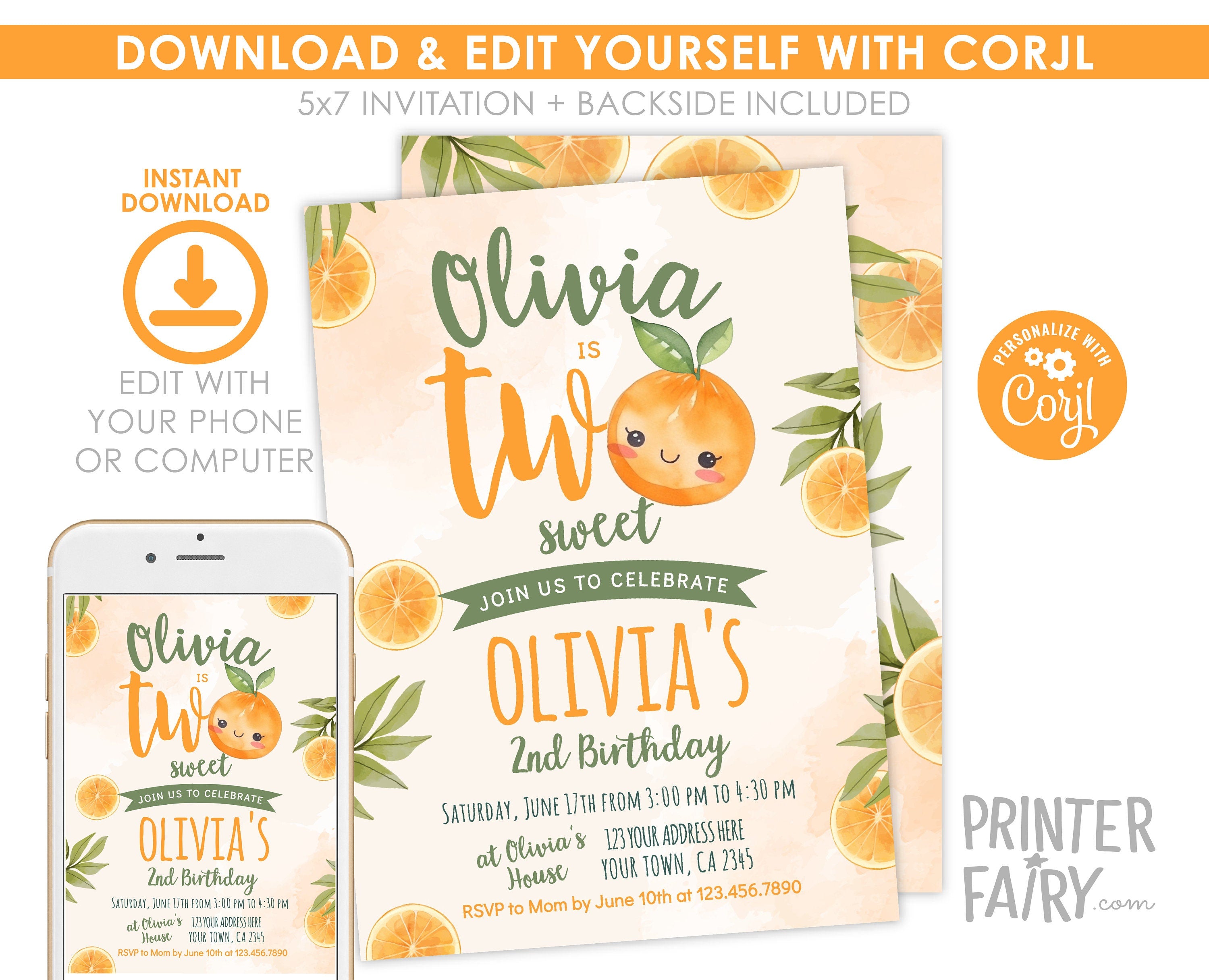 Sweet Orange 2nd Birthday Invitation, Summer Party Invite Template (Digital Download)