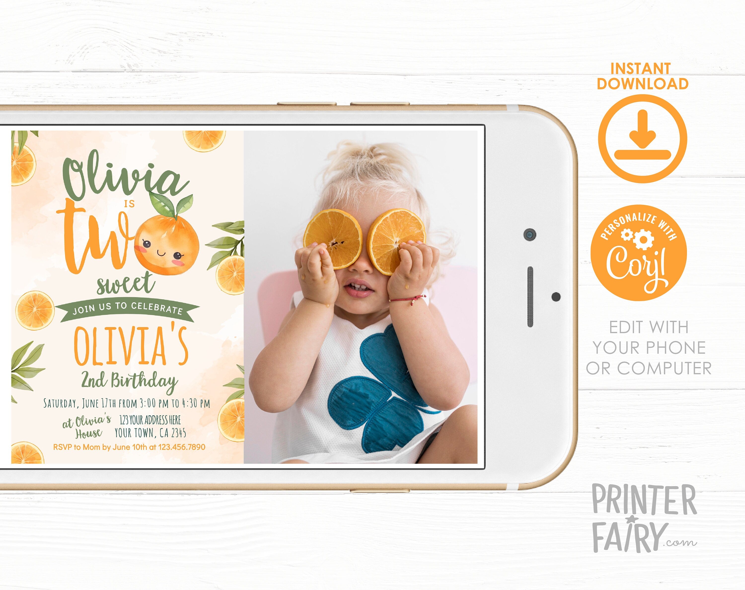 Two Sweet Birthday Invitation with Photo, Orange Summer Party (Digital Download)