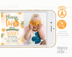 Two Sweet Birthday Invitation with Photo, Orange Summer Party (Digital Download)