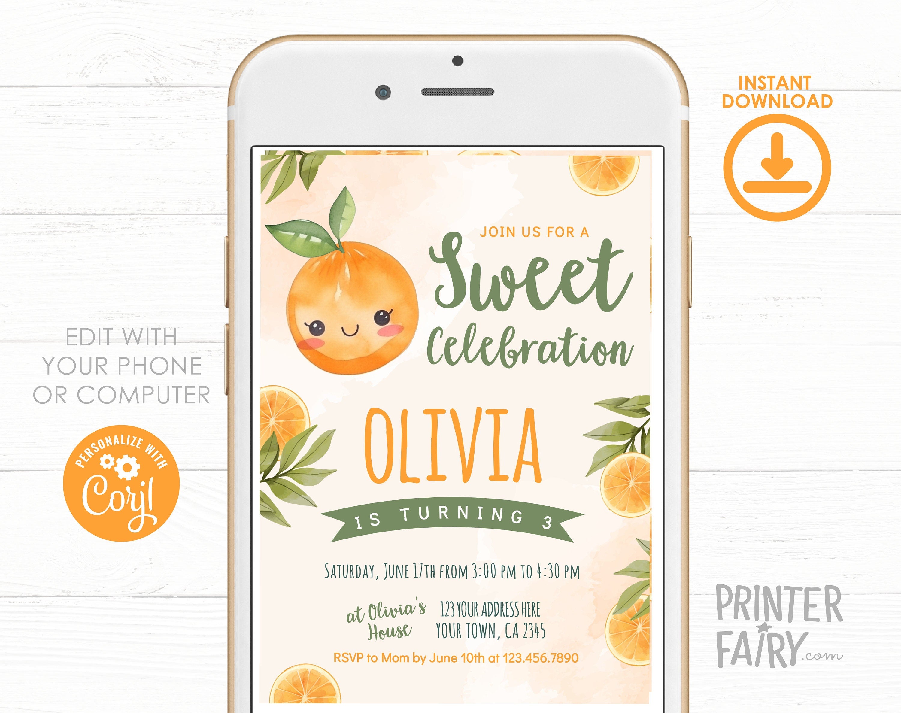 Sweet Orange Birthday Invitation, Little Cutie Party Template (Digital Download)