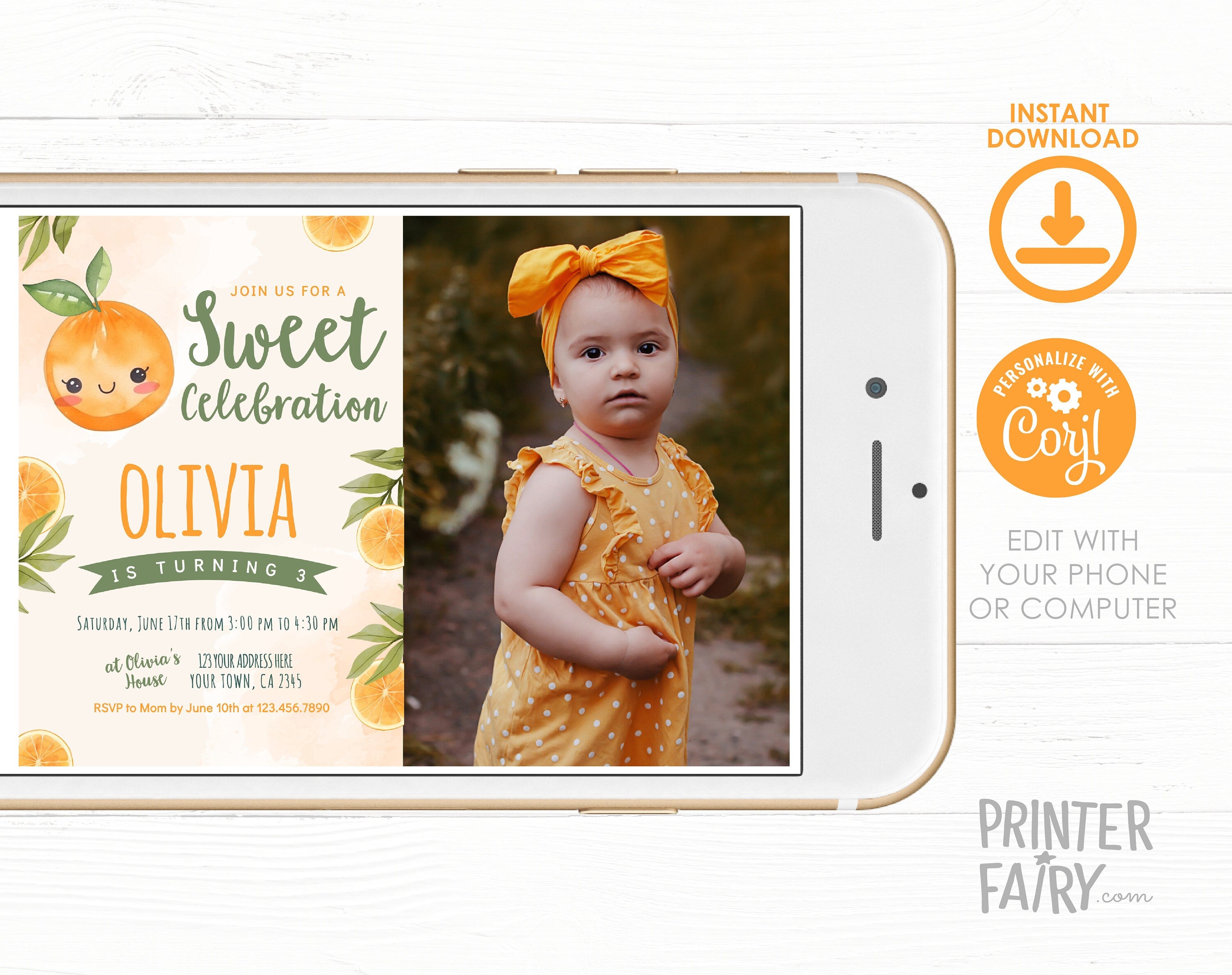 Little Cutie Birthday Invitation with Photo, Orange Party (Editable, Instant Download)