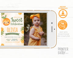 Little Cutie Birthday Invitation with Photo, Orange Party (Editable, Instant Download)