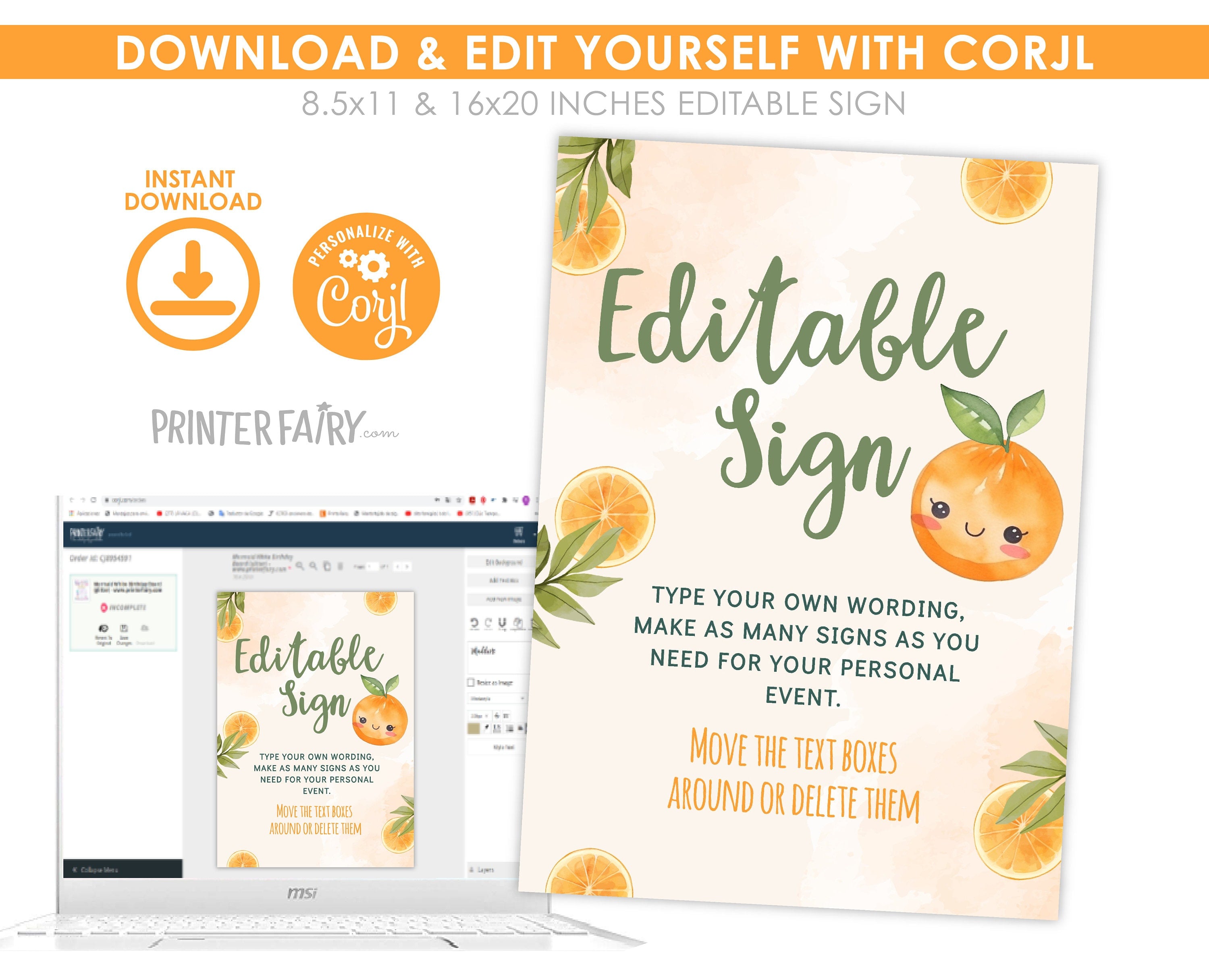 Sweet Orange Birthday Party Editable Sign (Digital Download)