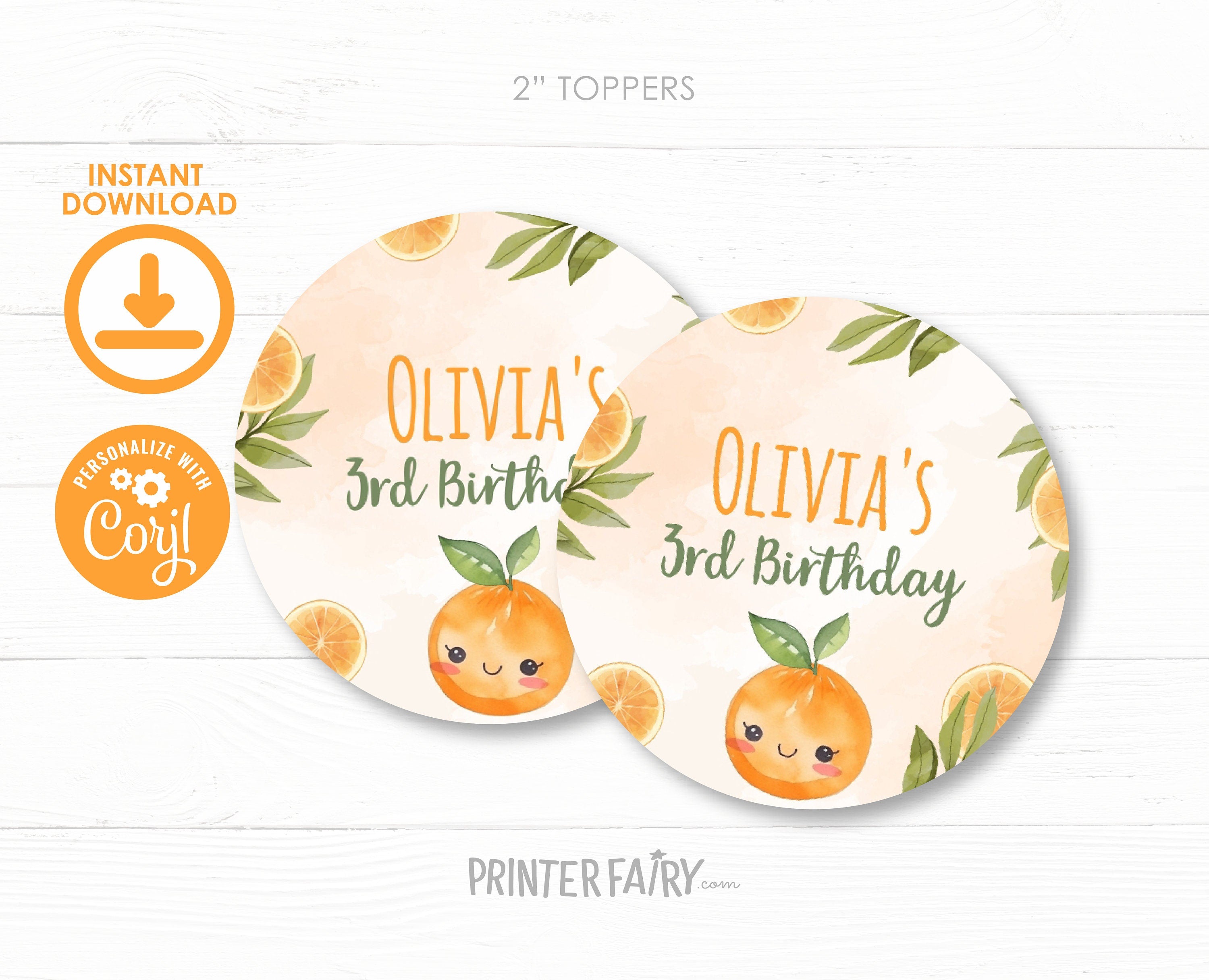 Sweet Orange Birthday Party Toppers, Editable Round Labels (Instant Download)