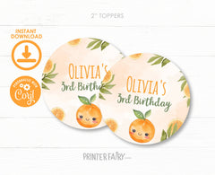 Sweet Orange Birthday Party Toppers, Editable Round Labels (Instant Download)