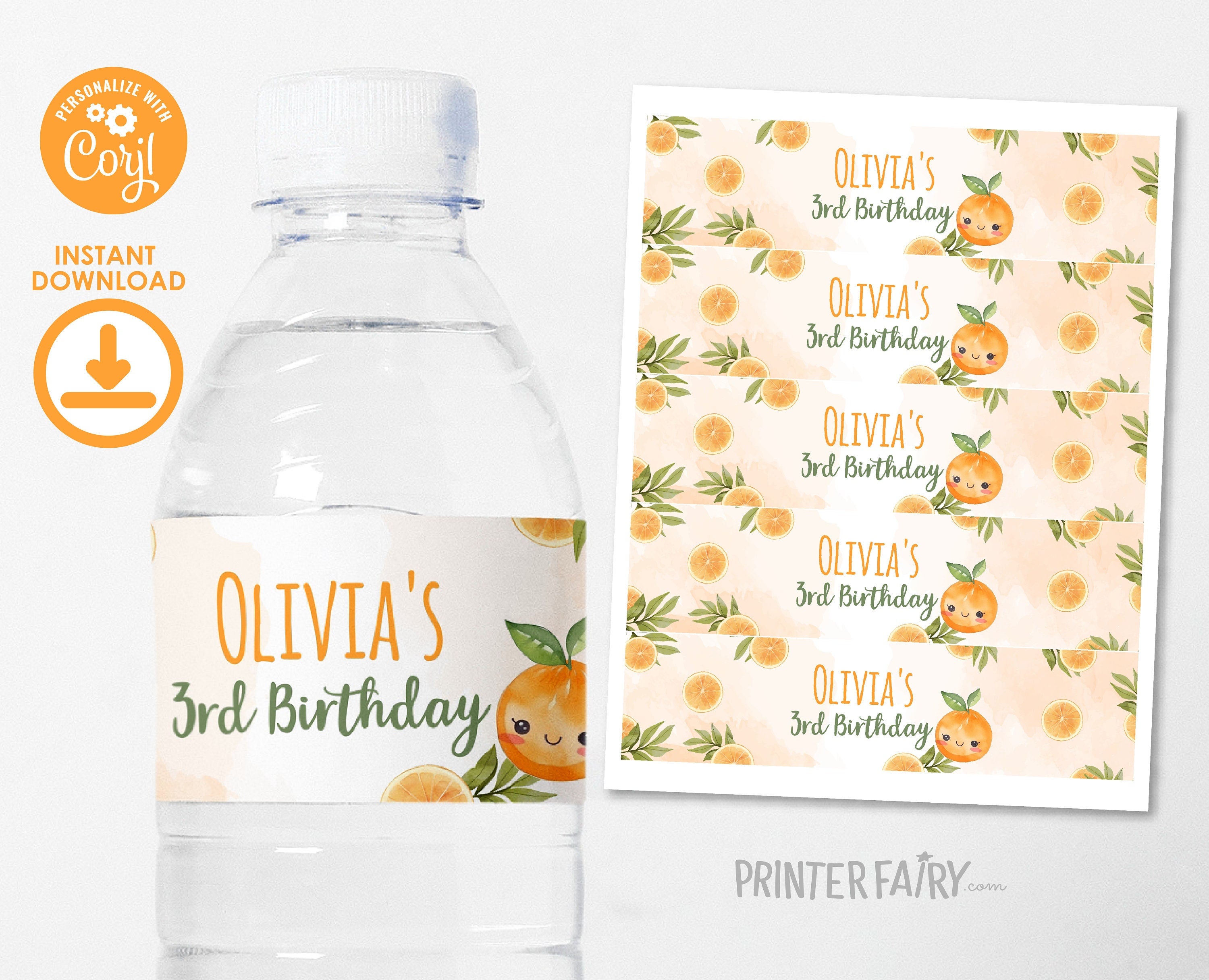 Orange Birthday Water Bottle Labels, Editable Party Decor (Digital Download)